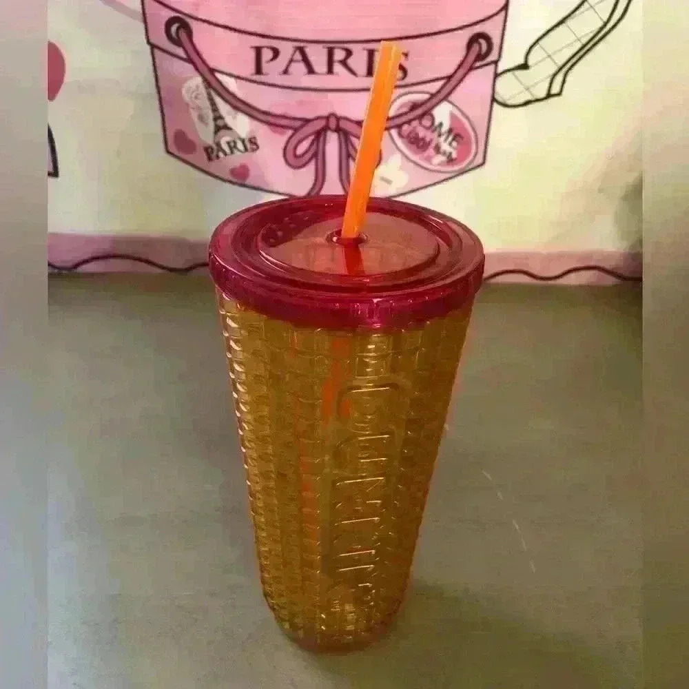 Dunkin Donuts Textured Logo Tumbler 24oz Pink Orange Top Summer 2021. with Straw